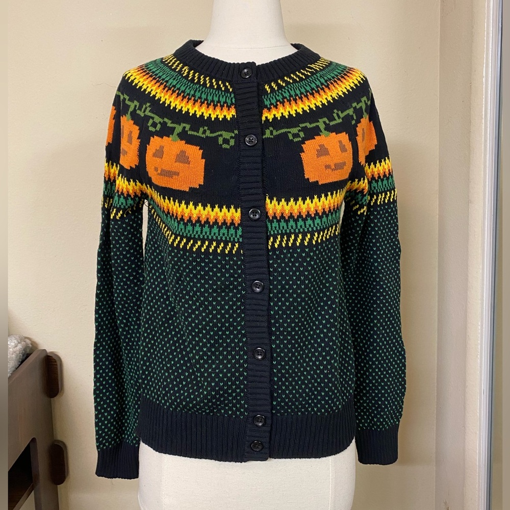 ModCloth Halloween Pumpkin Jack-o'-lantern Pattern Cardigan Sweater